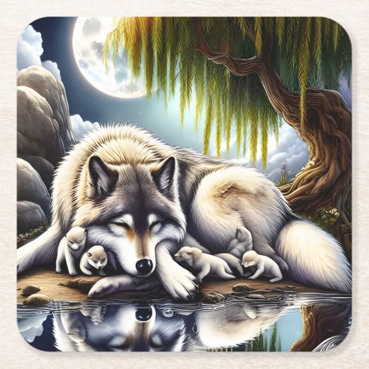 Maanverlichte sereniteit een sluimerende wolf kartonnen onderzetters (Voorkant)