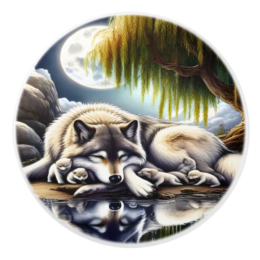 Maanverlichte sereniteit een sluimerende wolf keramische knop (Voorkant)
