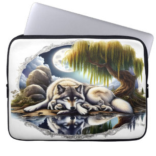 Maanverlichte sereniteit een sluimerende wolf laptop sleeve