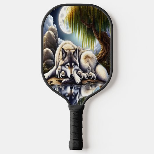 Maanverlichte sereniteit een sluimerende wolf pickleball paddle (Achterkant)
