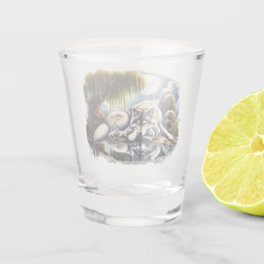 Maanverlichte sereniteit een sluimerende wolf shot glas (Achterkant)