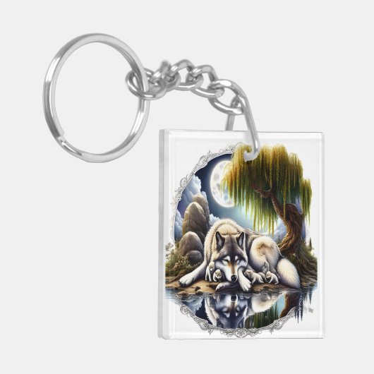Maanverlichte sereniteit een sluimerende wolf sleutelhanger (Voorkant Links)