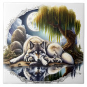 Maanverlichte sereniteit een sluimerende wolf tegeltje (Voorkant)