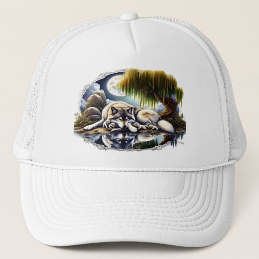 Maanverlichte sereniteit een sluimerende wolf trucker pet (Voorkant)