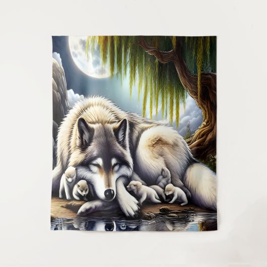 Maanverlichte sereniteit een sluimerende wolf wandkleed (Voorkant)