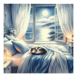 Maanverlichte slaapkamer aan de kust met slapende foto afdruk
