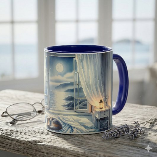 Maanverlichte slaapkamer aan de kust met slapende  mok