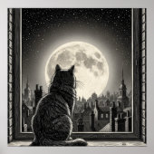 Maanverlichte Stadsgezicht Kat Poster Zwart & Wit (Voorkant)