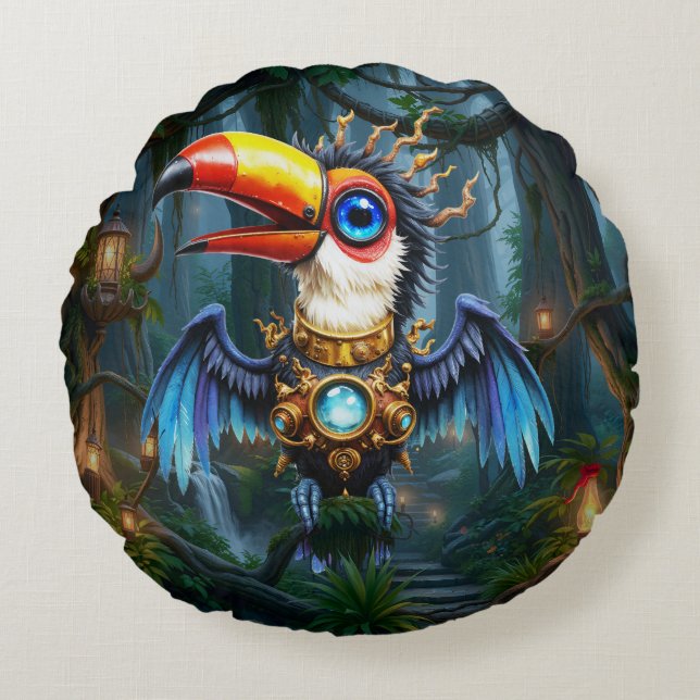 Maanverlichte Steampunk Toekan.  Rond Kussen (Voorkant)
