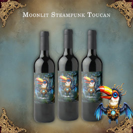 Maanverlichte Steampunk Toekan. Wijn Etiket