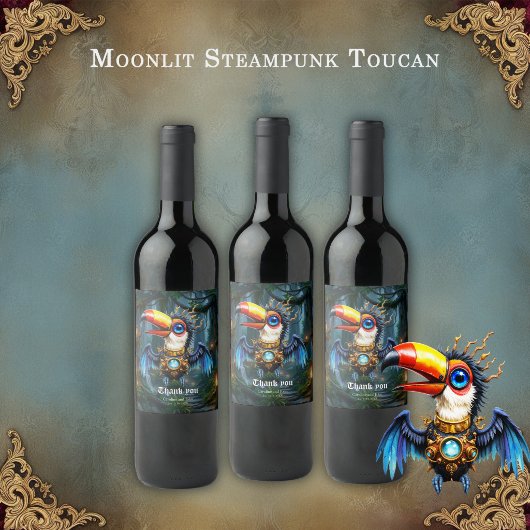 Maanverlichte Steampunk Toekan. Wijn Etiket