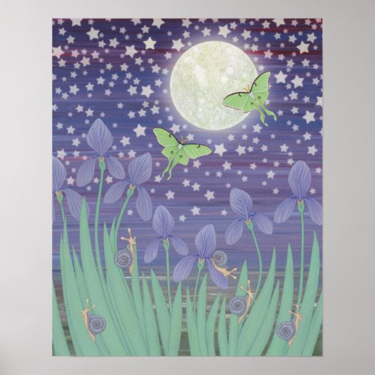 Maanverlichte sterren, maanmotten, slakken en iris poster (Voorkant)