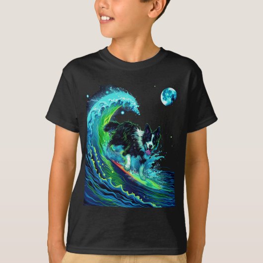 Maanverlichte Surfende Border Collie Kinderen T-shirt (Voorkant)