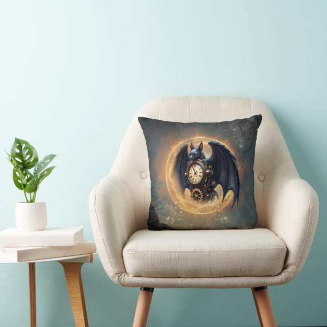 Maanverlichte Tijdsbewaker – Steampunk Vleermuis Kussen (Stoel)