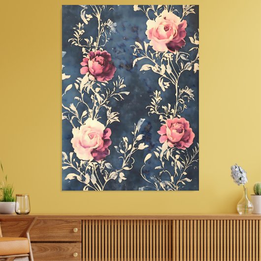 Maanverlichte Tuin – Oude Rozen op Middernachtblau Canvas Afdruk (Insitu (Woonkamer))