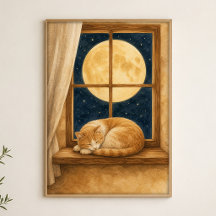 Maanverlichte vensterbank kat waterkleuren poster