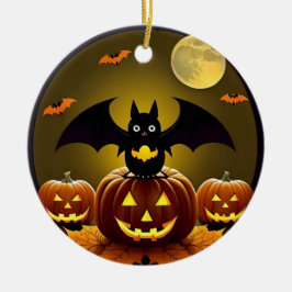🌕🦇 Maanverlichte Vleermuis & Pompoen Griezelig S Keramisch Ornament