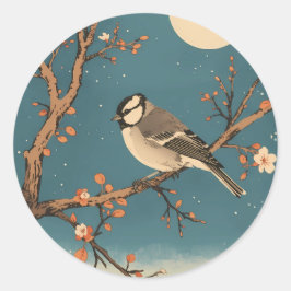 Maanverlichte vogel op bloesemtakstickers ronde sticker
