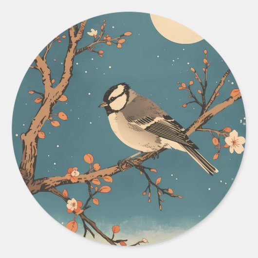 Maanverlichte vogel op bloesemtakstickers ronde sticker (Voorkant)