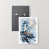 Maanverlichte Vuurtoren op Rotsachtige Kustlijn Button (Voorkant / Achterkant)