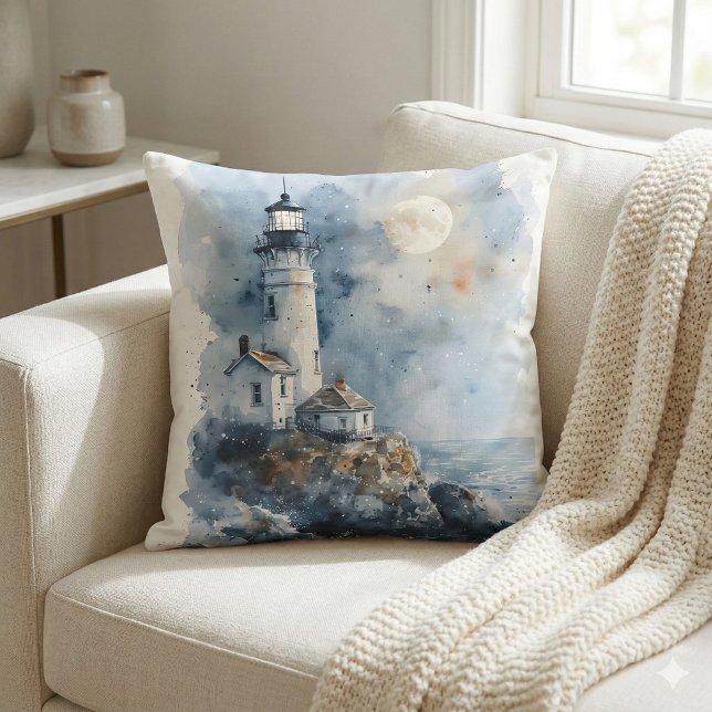 Maanverlichte Vuurtoren op Rotsachtige Kustlijn Kussen (Moonlit Lighthouse on Rocky Coastline Throw Pillow Mockup A)