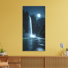 Maanverlichte Waterval – Cinematic Nachtlandschap Canvas Afdruk