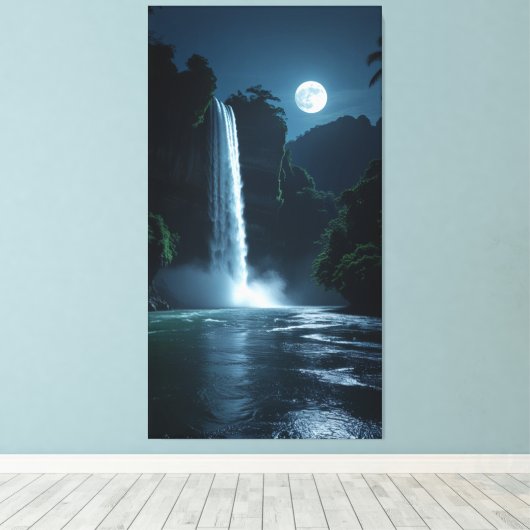 Maanverlichte waterval - Cinematic Night Landscape Canvas Afdruk (Insitu (Houten vloer))