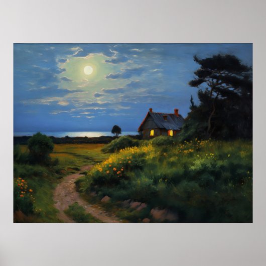 Maanverlichte weg naar Baltisch riet huis Poster (Voorkant)