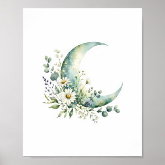 Maanverlichte Wilde Bloemen Watercolor Kunstprint Poster