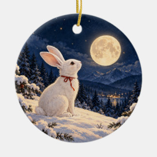 Maanverlichte Winter Konijn Keramische Cirkel Orna Keramisch Ornament