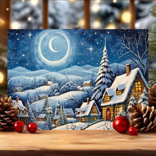 Maanverlichte Winter Wonderland Sneeuwdorpen Kerst Feestdagen Kaart