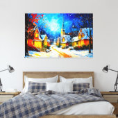 Maanverlichte Winterdorpsdroom Canvas Afdruk (Insitu (Slaapkamer))