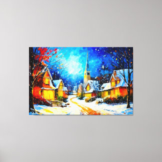 Maanverlichte Winterdorpsdroom Canvas Afdruk