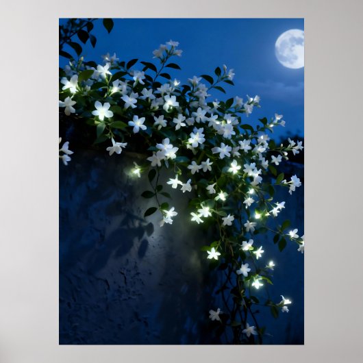 Maanverlichte Witte Bloemen Wingerd Kunst Poster (Voorkant)