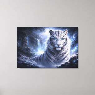 Maanverlichte Witte Tijger Beschermer – Blauwe Fan Canvas Afdruk