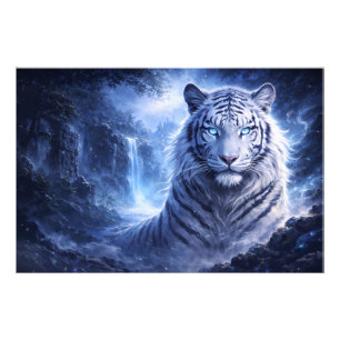 Maanverlichte Witte Tijger Beschermer – Blauwe Fan Foto Afdruk