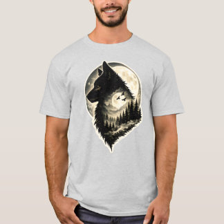 Maanverlichte Wolf Bos Silhouet Wilde Natuur Stijl T-shirt