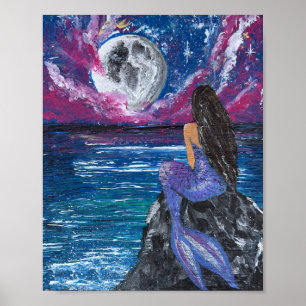 Maanverlichte zeemeermin handgemaakt kunstwerk poster