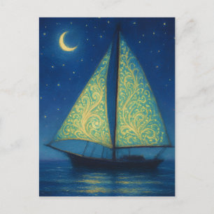 Maanverlichte zeilboot - Nachtkunst in pastel-schi Briefkaart