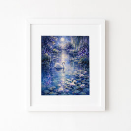 Maanverlichte Zwaan Aquarel Kunst aan de Muur Poster
