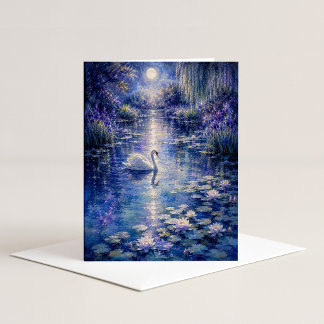 Maanverlichte Zwaan Watercolor Notitiekaart