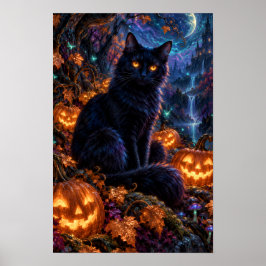 Maanverlichte Zwarte Kat Halloween Poster