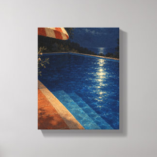 Maanverlichte zwembad met gestreepte paraplu droom canvas afdruk