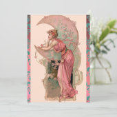 MAANVROUW MET ROZEN, ROZE BLAUWE DAMASTBLOEMEN KAART (Staand voorkant)