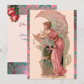 MAANVROUWE MET ROZEN, ROZE BLAUWE DAMASTBLOEMEN KAART (Voorkant / Achterkant)