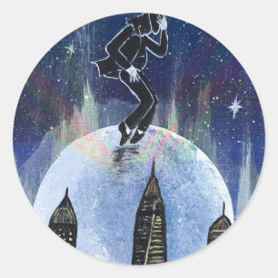 Maanwandeling over de stad -handgemaakt kunstwerk ronde sticker