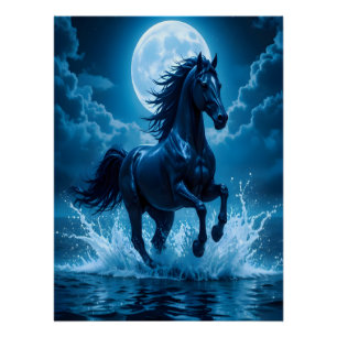 Maanwandkunst met paard in diepblauw Cadeaudecor Perfect Poster