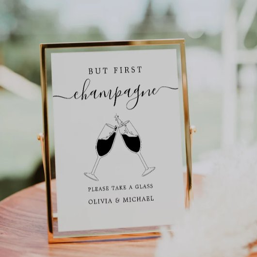 Maar eerst, champagne minimalistische bar teken reclamebord met voetstuk