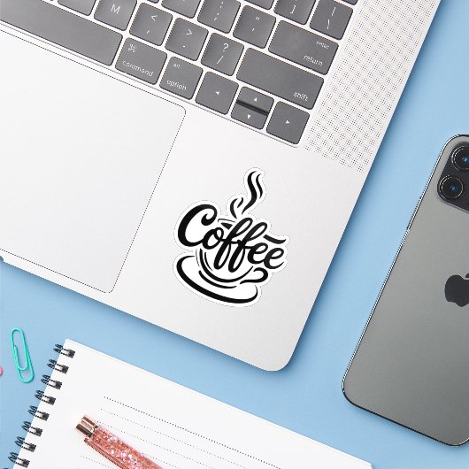 Maar eerst koffie | Chic Modern Script Typografie Sticker (Laptop met iPhone)
