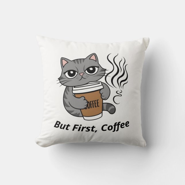 Maar eerst, koffie - gepersonaliseerde kattenliefh kussen (Voorkant)